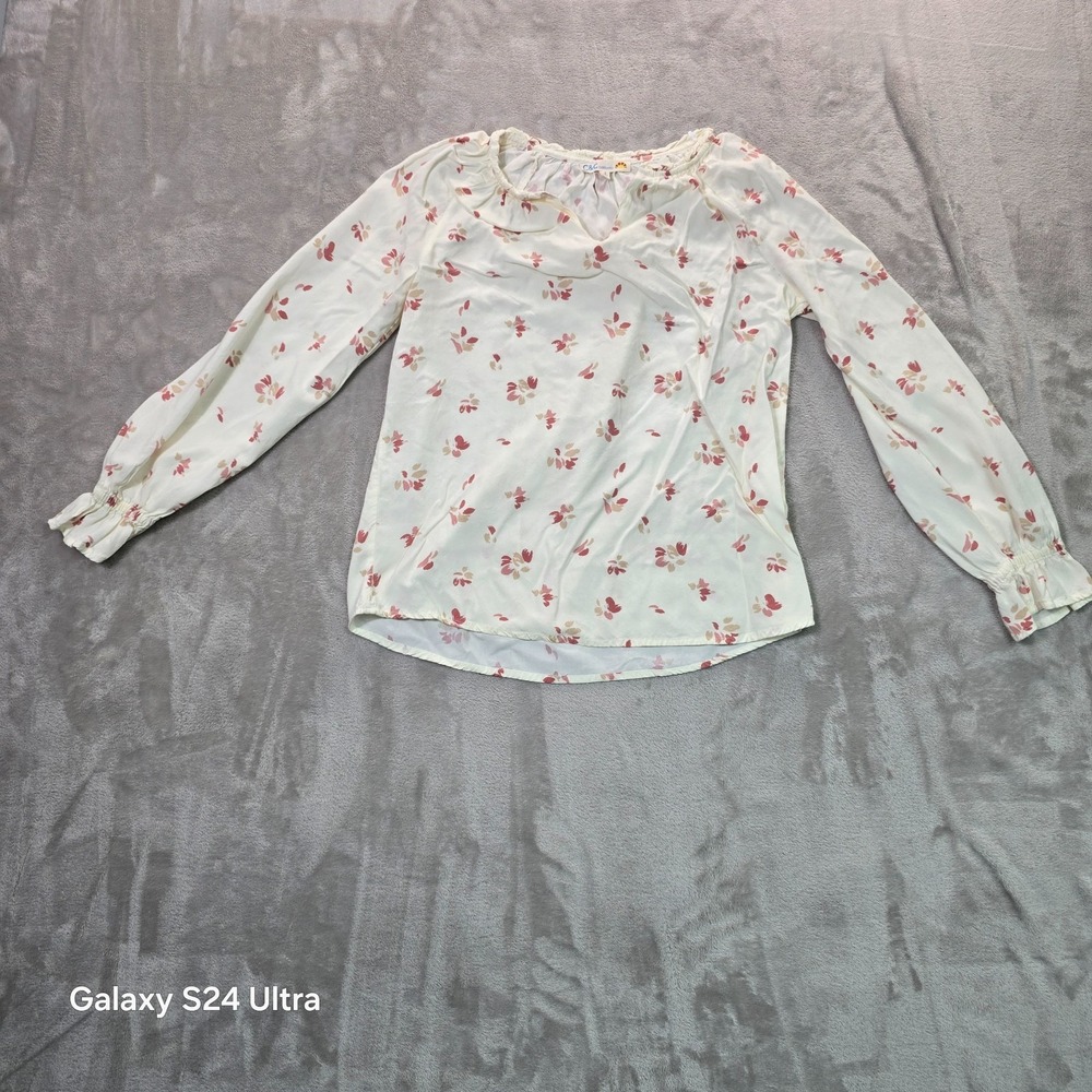 C&C California Blouse Top Womens Small White Floral Raglan Sleeve Split V Neck